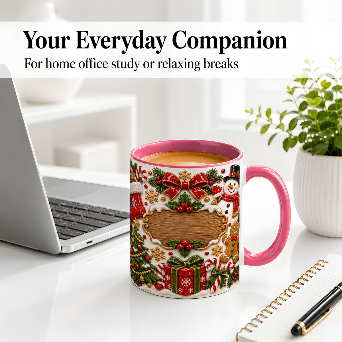 #pl[11oz|Pink] Christmas Cookie Art Accent Mug, Ceramic Mug with Snowman Design