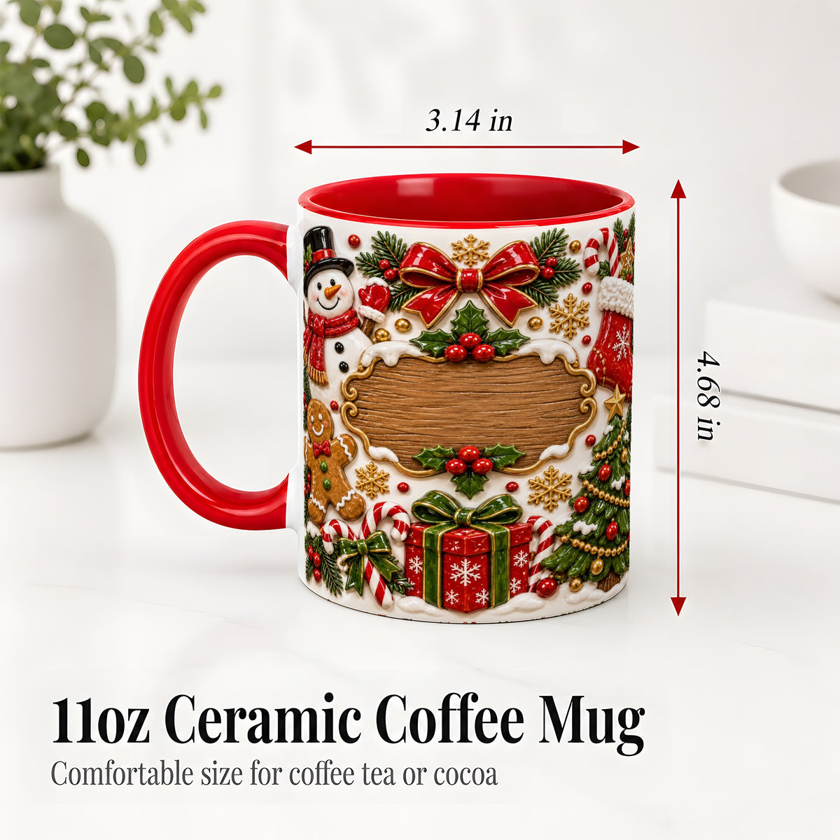 #pl[11oz|Red] Christmas Cookie Art Accent Mug, Ceramic Mug with Snowman Design