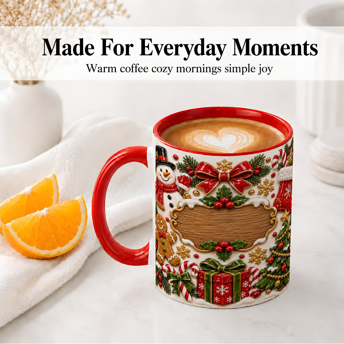 #pl[11oz|Red] Christmas Cookie Art Accent Mug, Ceramic Mug with Snowman Design