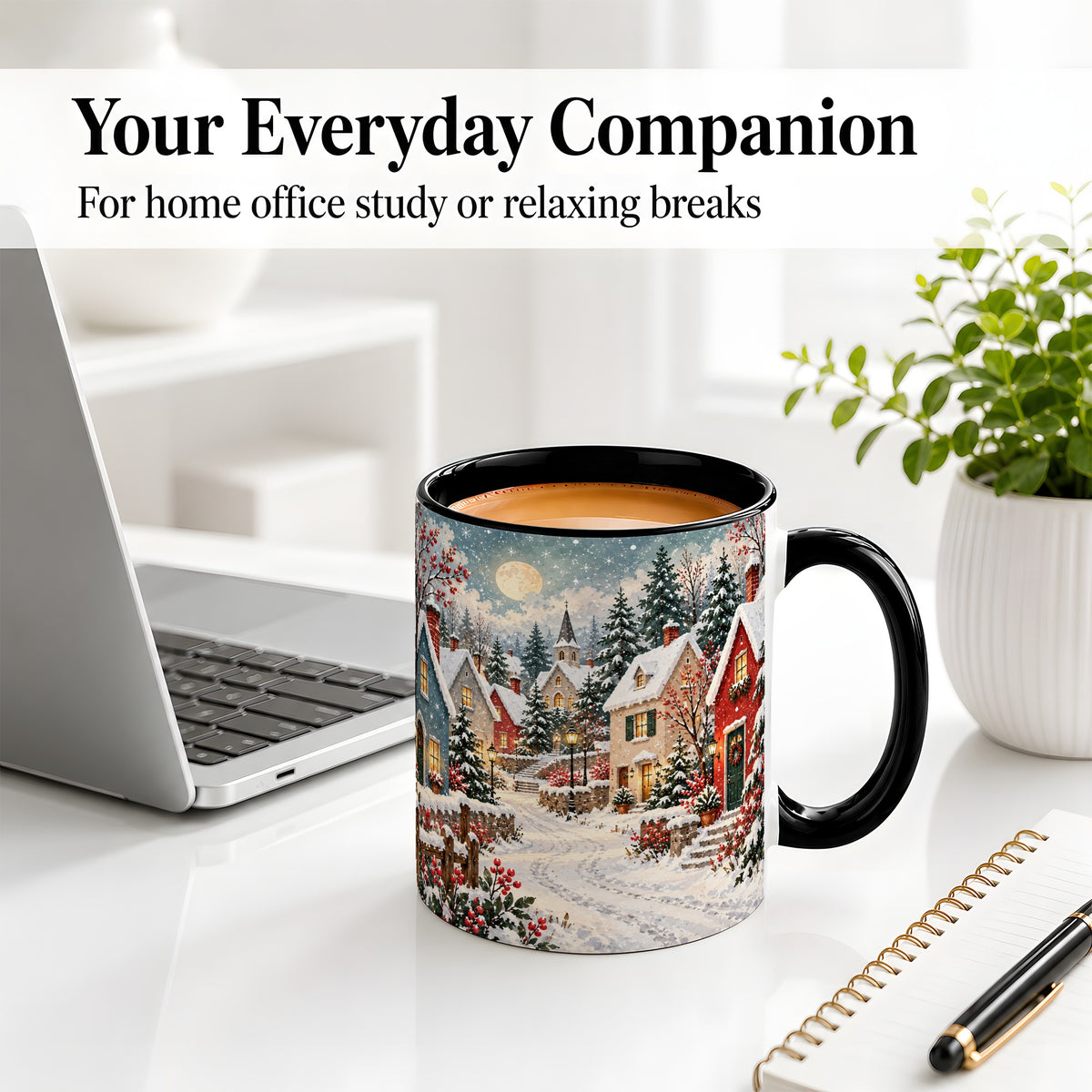 #pl[11oz|Black] Snowy Christmas Village Accent Mug, Ceramic Mug with Winter Art