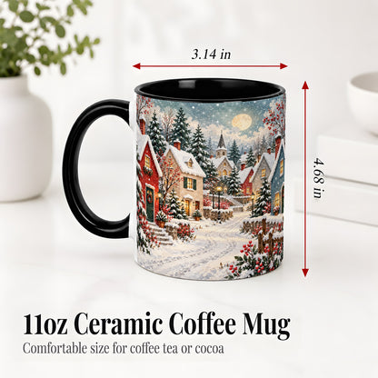 #pl[11oz|Black] Snowy Christmas Village Accent Mug, Ceramic Mug with Winter Art