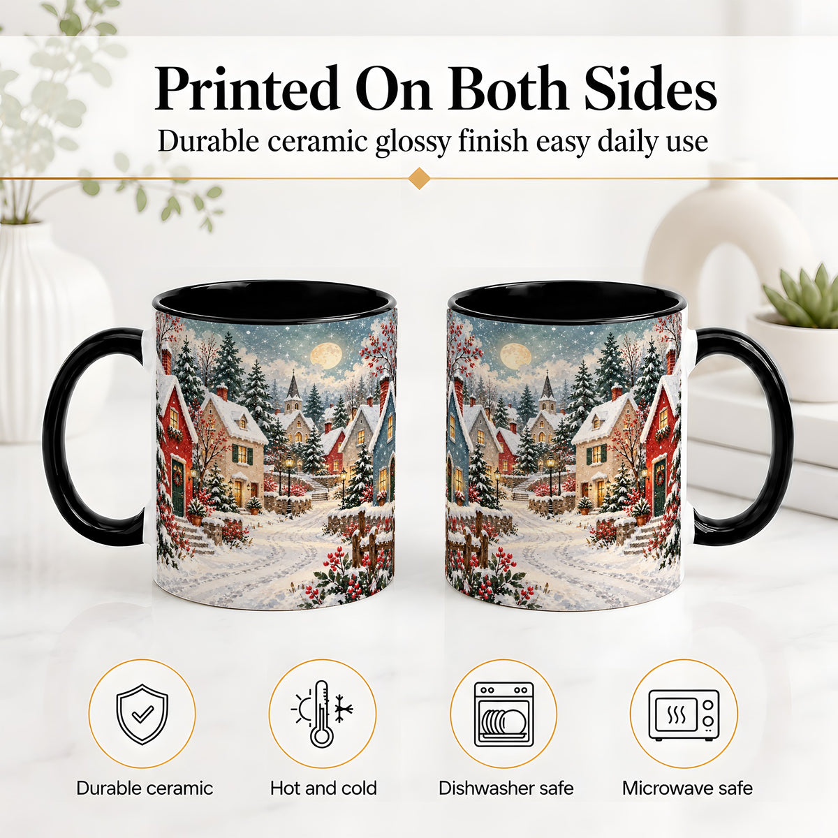 #pl[11oz|Black] Snowy Christmas Village Accent Mug, Ceramic Mug with Winter Art