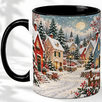 #pl[11oz|Black] Snowy Christmas Village Accent Mug, Ceramic Mug with Winter Art