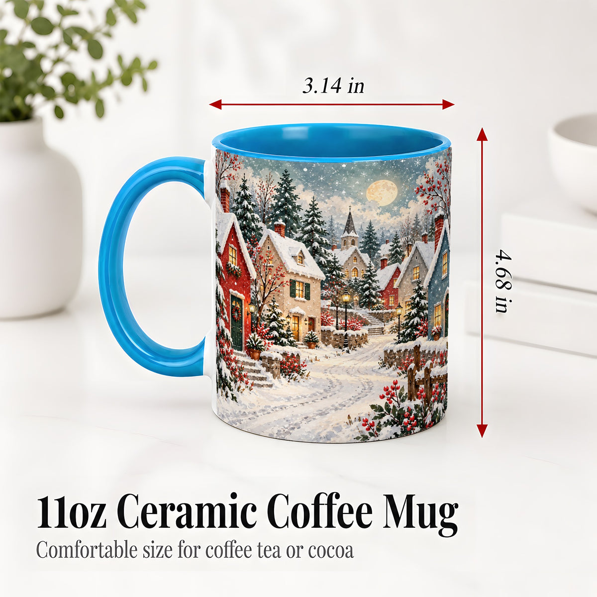 #pl[11oz|Blue] Snowy Christmas Village Accent Mug, Ceramic Mug with Winter Art
