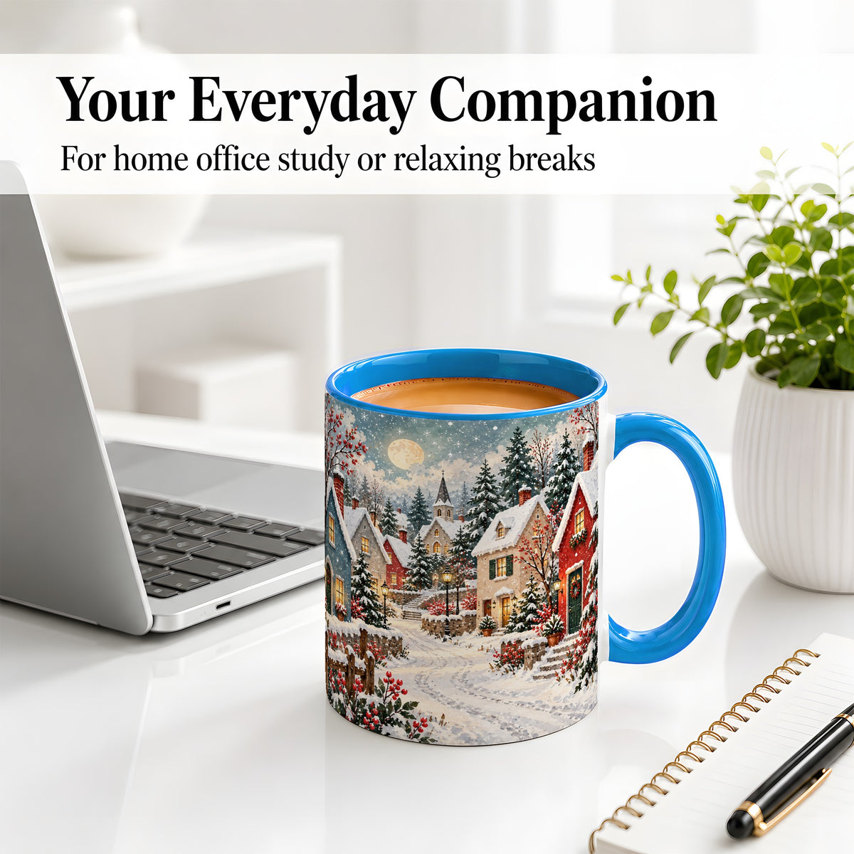 #pl[11oz|Blue] Snowy Christmas Village Accent Mug, Ceramic Mug with Winter Art