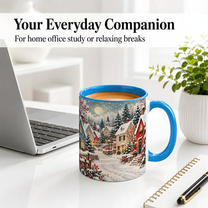 #pl[11oz|Blue] Snowy Christmas Village Accent Mug, Ceramic Mug with Winter Art