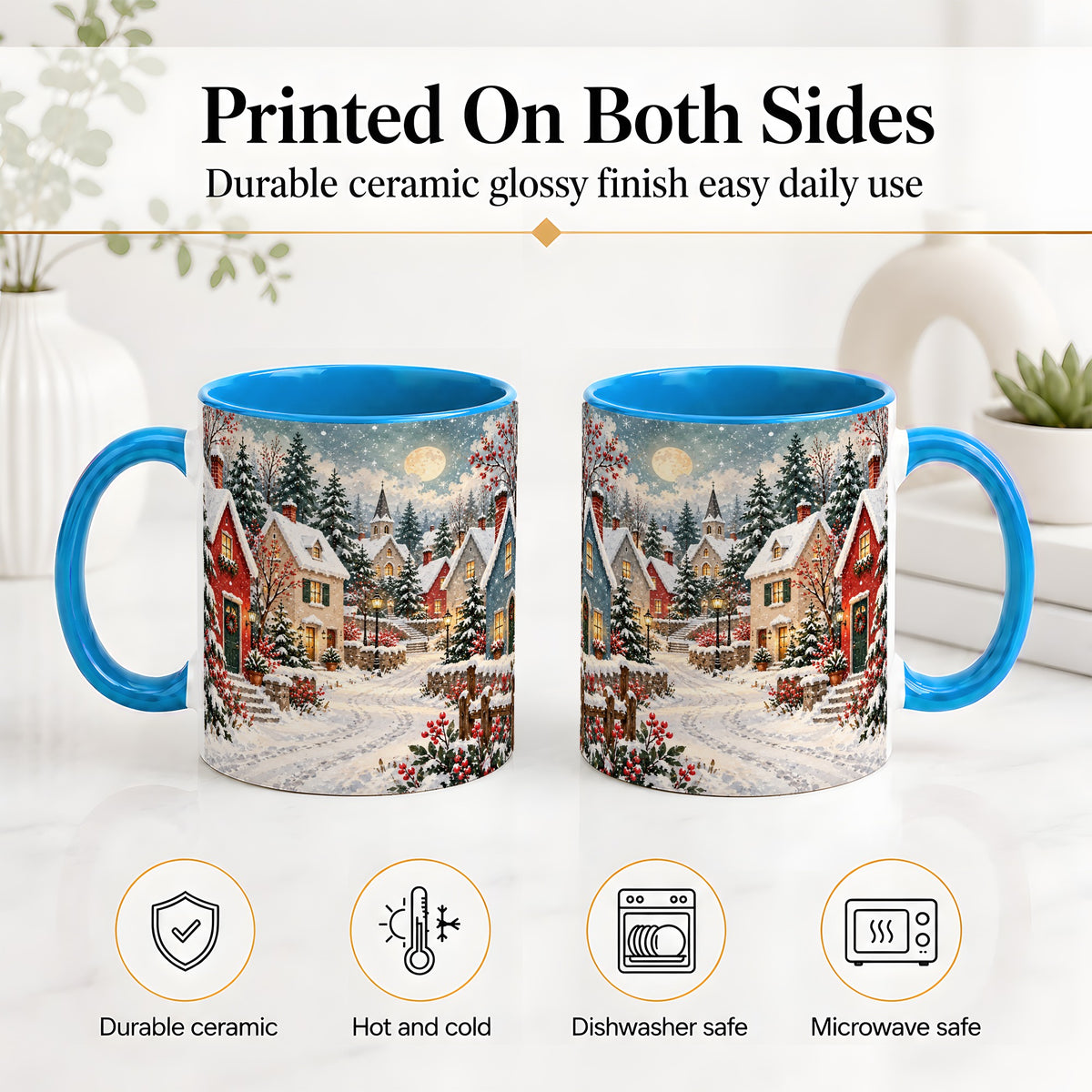 #pl[11oz|Blue] Snowy Christmas Village Accent Mug, Ceramic Mug with Winter Art