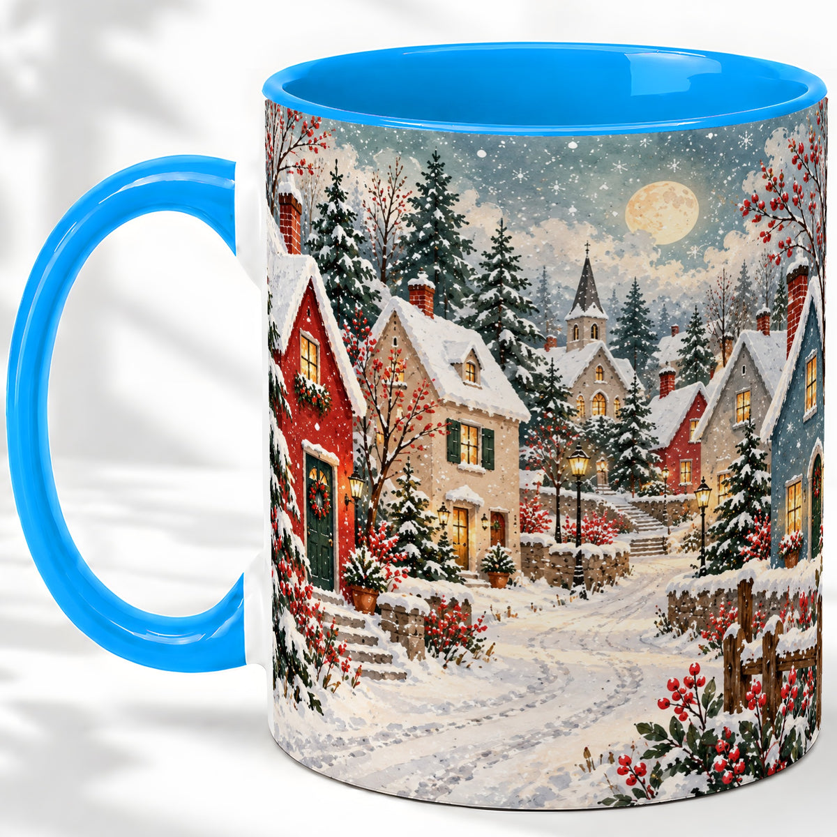 #pl[11oz|Blue] Snowy Christmas Village Accent Mug, Ceramic Mug with Winter Art