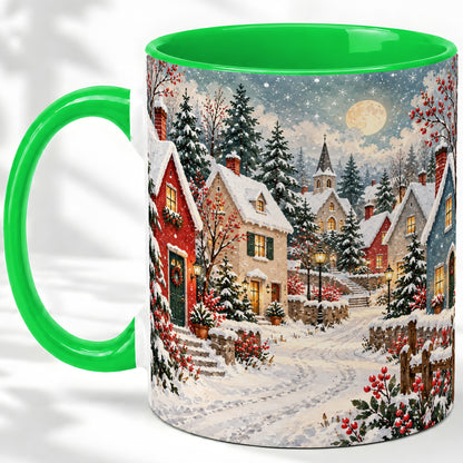 #pl[11oz|Green] Snowy Christmas Village Accent Mug, Ceramic Mug with Winter Art