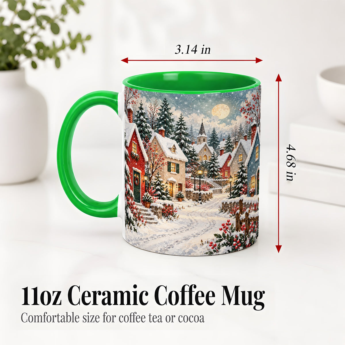 #pl[11oz|Green] Snowy Christmas Village Accent Mug, Ceramic Mug with Winter Art