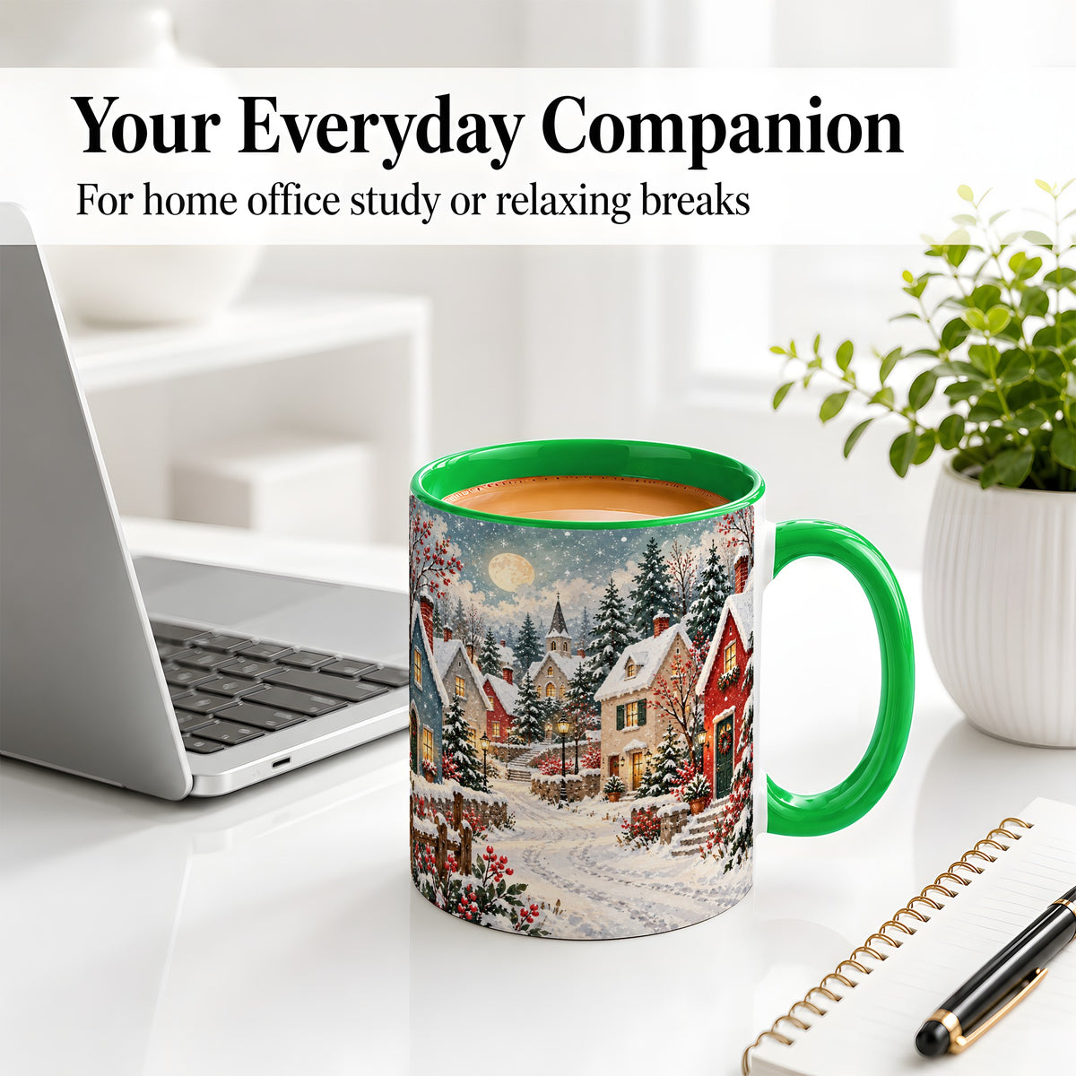 #pl[11oz|Green] Snowy Christmas Village Accent Mug, Ceramic Mug with Winter Art