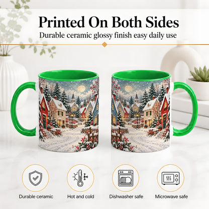 #pl[11oz|Green] Snowy Christmas Village Accent Mug, Ceramic Mug with Winter Art