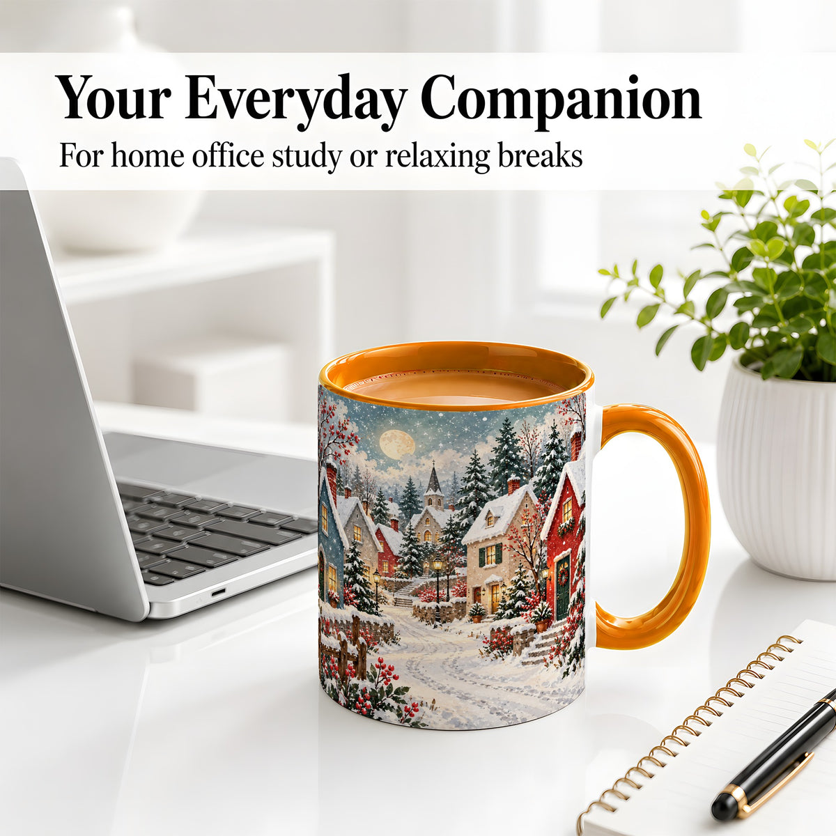 #pl[11oz|Orange] Snowy Christmas Village Accent Mug, Ceramic Mug with Winter Art