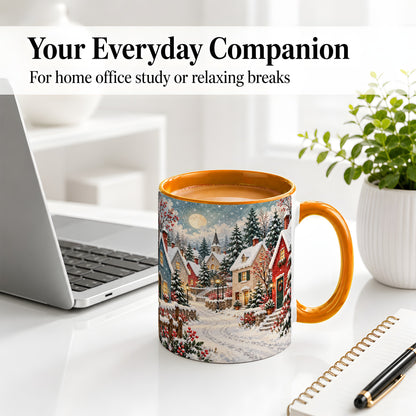 #pl[11oz|Orange] Snowy Christmas Village Accent Mug, Ceramic Mug with Winter Art