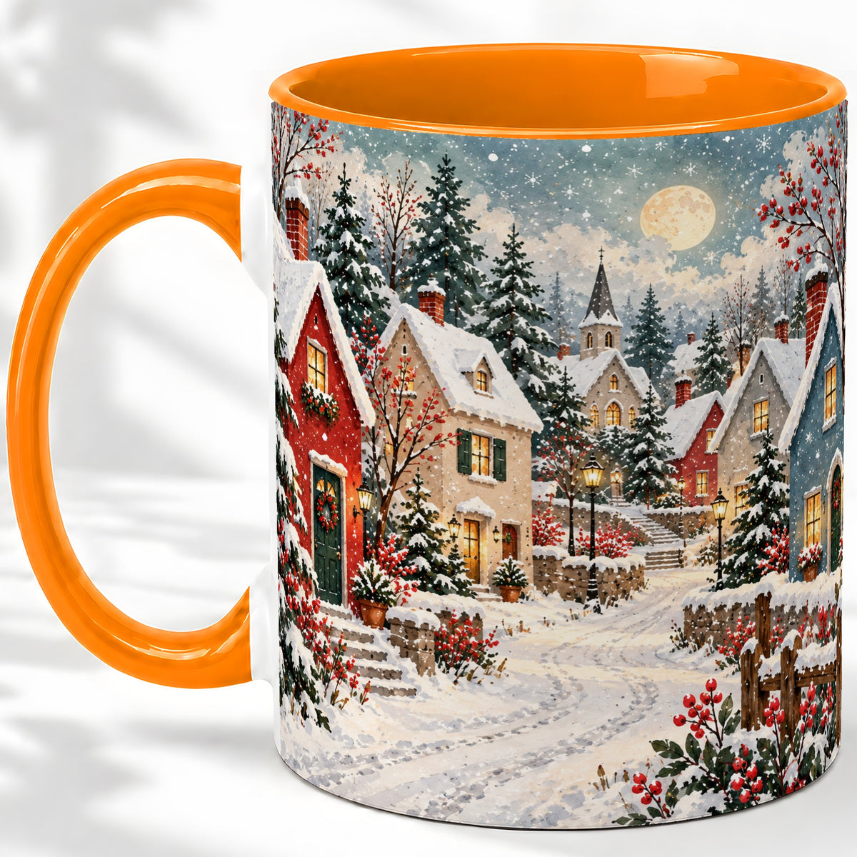 #pl[11oz|Orange] Snowy Christmas Village Accent Mug, Ceramic Mug with Winter Art