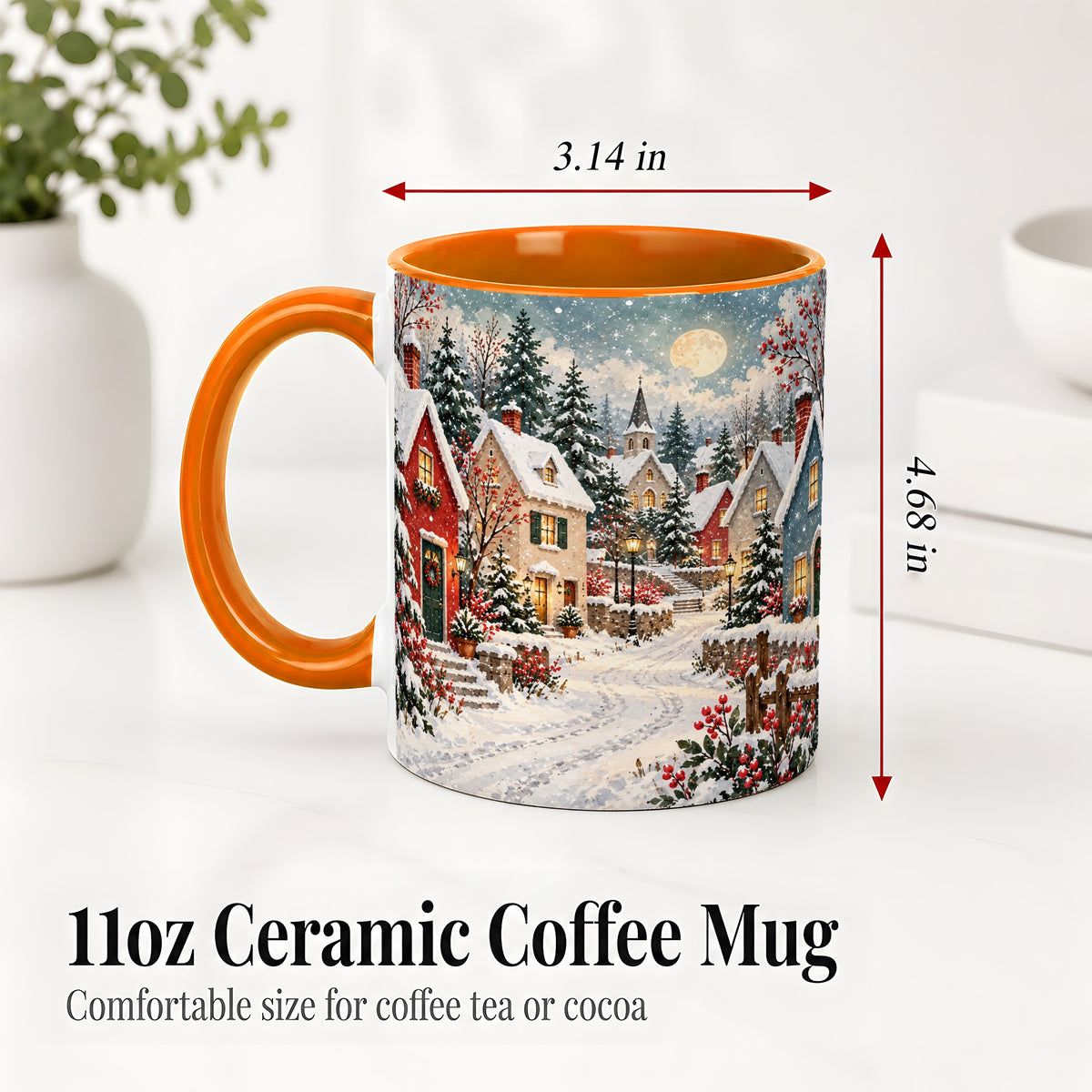 #pl[11oz|Orange] Snowy Christmas Village Accent Mug, Ceramic Mug with Winter Art
