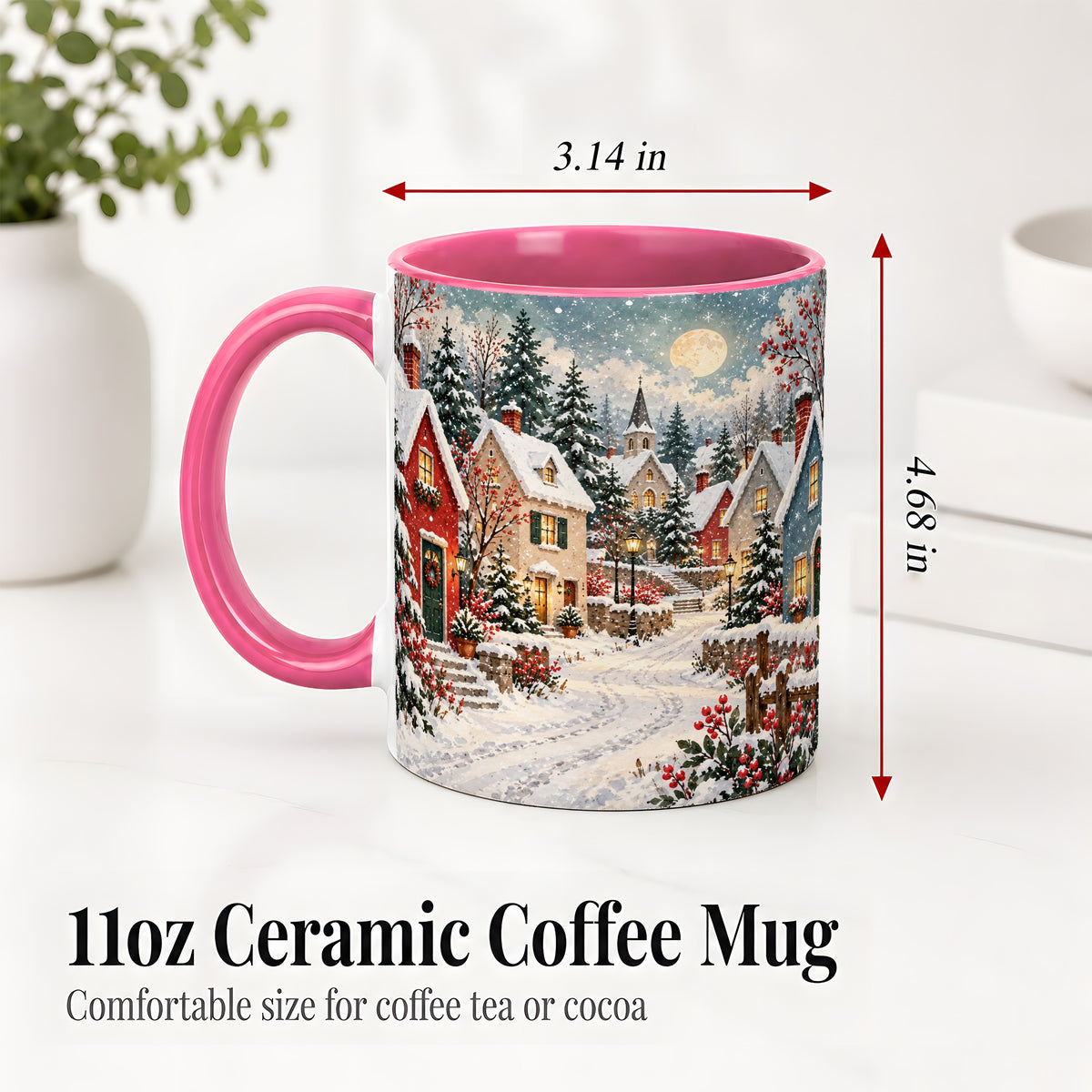 #pl[11oz|Pink] Snowy Christmas Village Accent Mug, Ceramic Mug with Winter Art