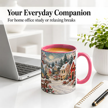 #pl[11oz|Pink] Snowy Christmas Village Accent Mug, Ceramic Mug with Winter Art