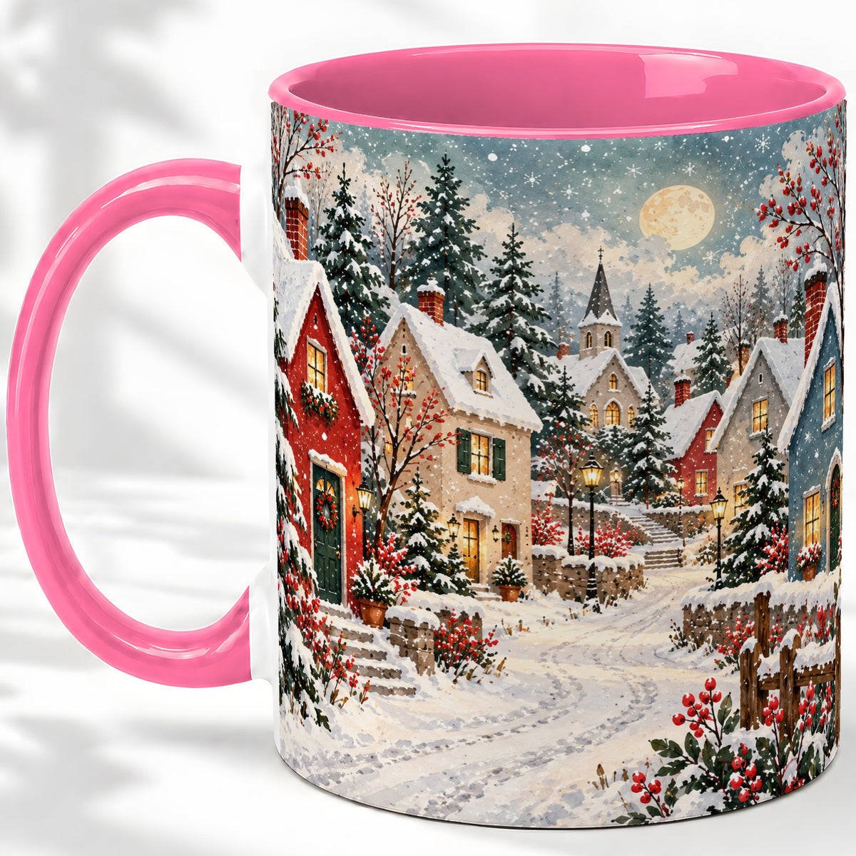 #pl[11oz|Pink] Snowy Christmas Village Accent Mug, Ceramic Mug with Winter Art