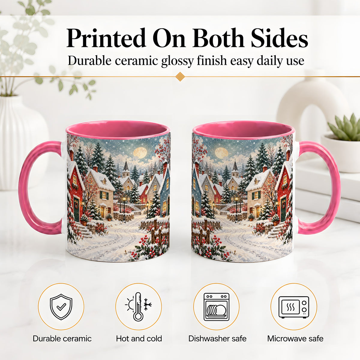 #pl[11oz|Pink] Snowy Christmas Village Accent Mug, Ceramic Mug with Winter Art