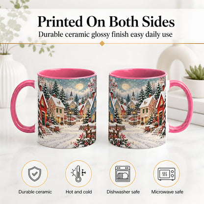 #pl[11oz|Pink] Snowy Christmas Village Accent Mug, Ceramic Mug with Winter Art
