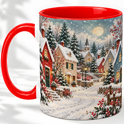 Snowy Christmas Village Accent Mug, Ceramic Mug with Winter Art