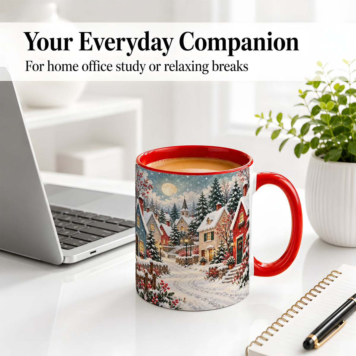 #pl[11oz|Red] Snowy Christmas Village Accent Mug, Ceramic Mug with Winter Art