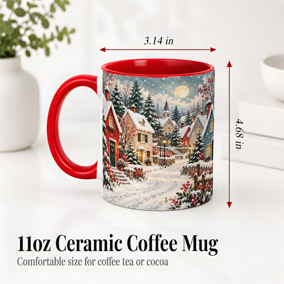 #pl[11oz|Red] Snowy Christmas Village Accent Mug, Ceramic Mug with Winter Art