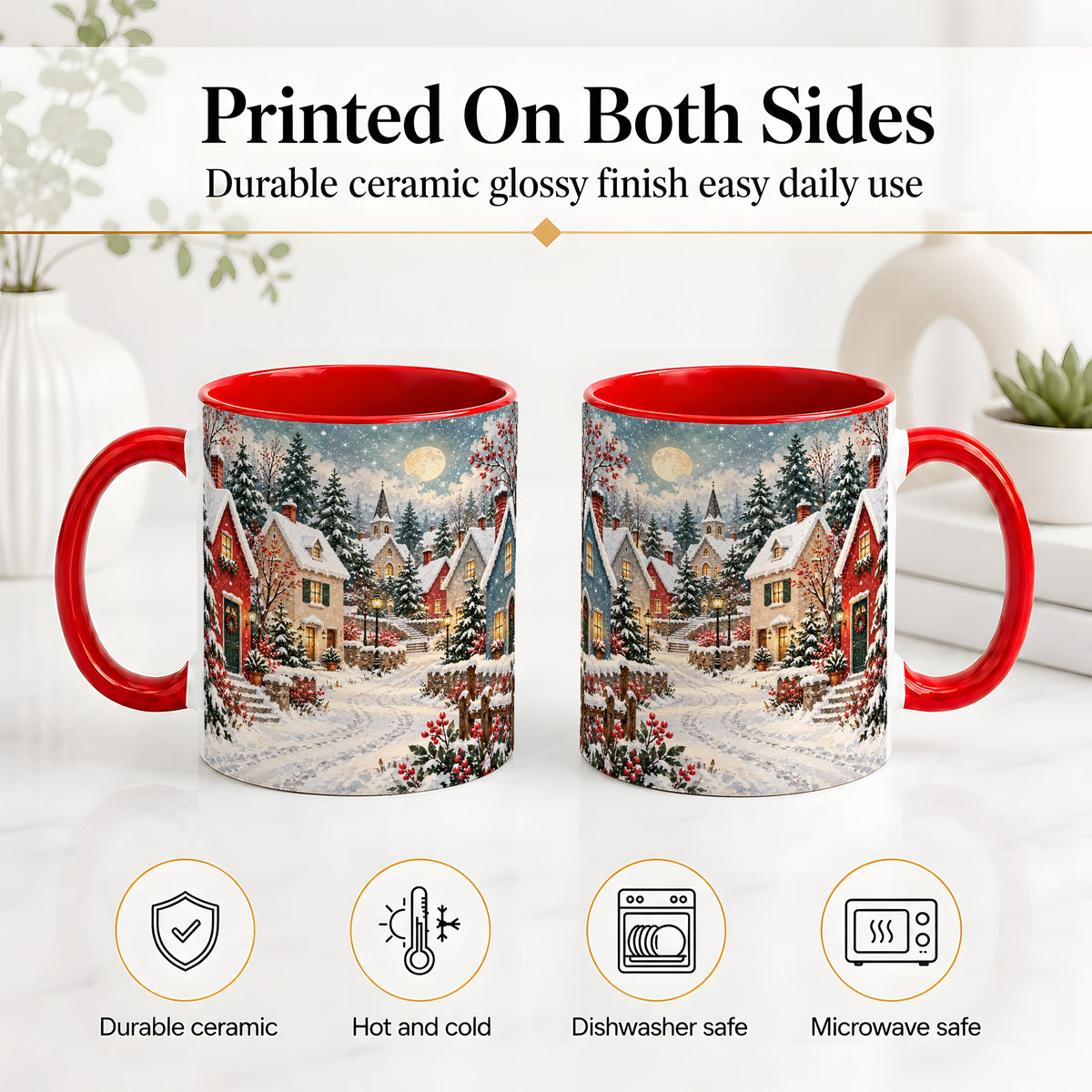 #pl[11oz|Red] Snowy Christmas Village Accent Mug, Ceramic Mug with Winter Art