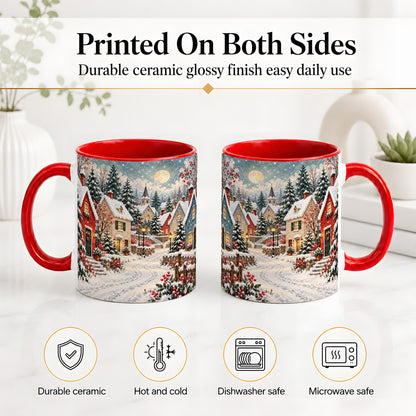 #pl[11oz|Red] Snowy Christmas Village Accent Mug, Ceramic Mug with Winter Art