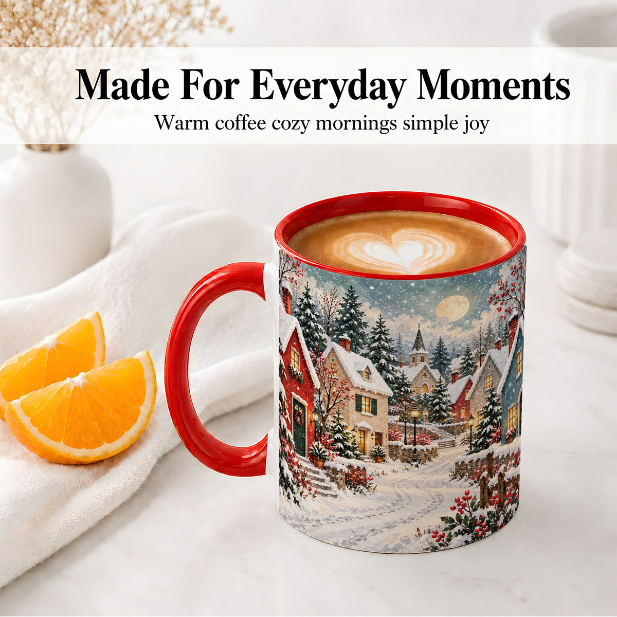 #pl[11oz|Red] Snowy Christmas Village Accent Mug, Ceramic Mug with Winter Art