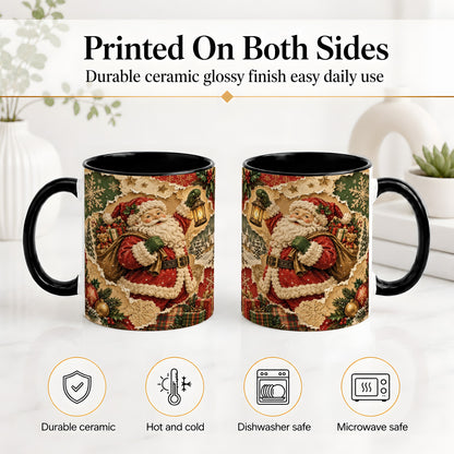 #pl[11oz|Black] Vintage Christmas Santa Accent Mug, Ceramic Mug with Collage Art