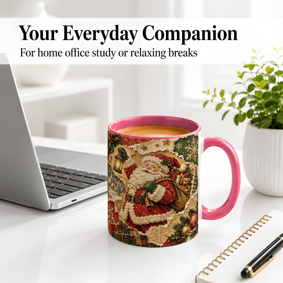 #pl[11oz|Pink] Vintage Christmas Santa Accent Mug, Ceramic Mug with Collage Art