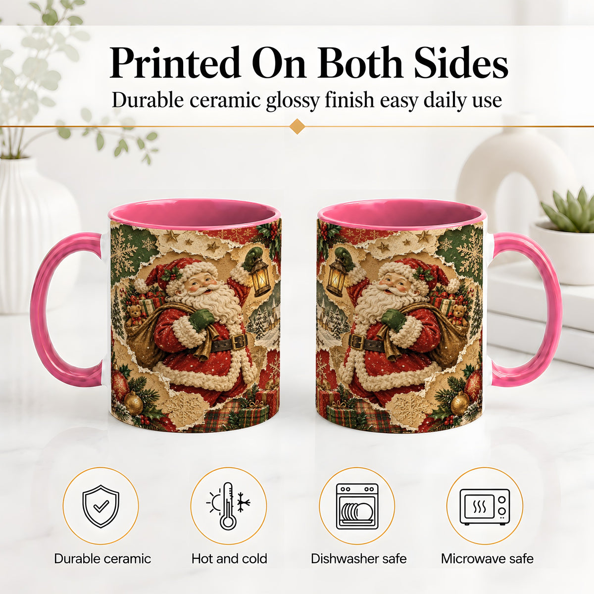 #pl[11oz|Pink] Vintage Christmas Santa Accent Mug, Ceramic Mug with Collage Art