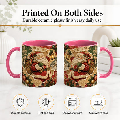 #pl[11oz|Pink] Vintage Christmas Santa Accent Mug, Ceramic Mug with Collage Art