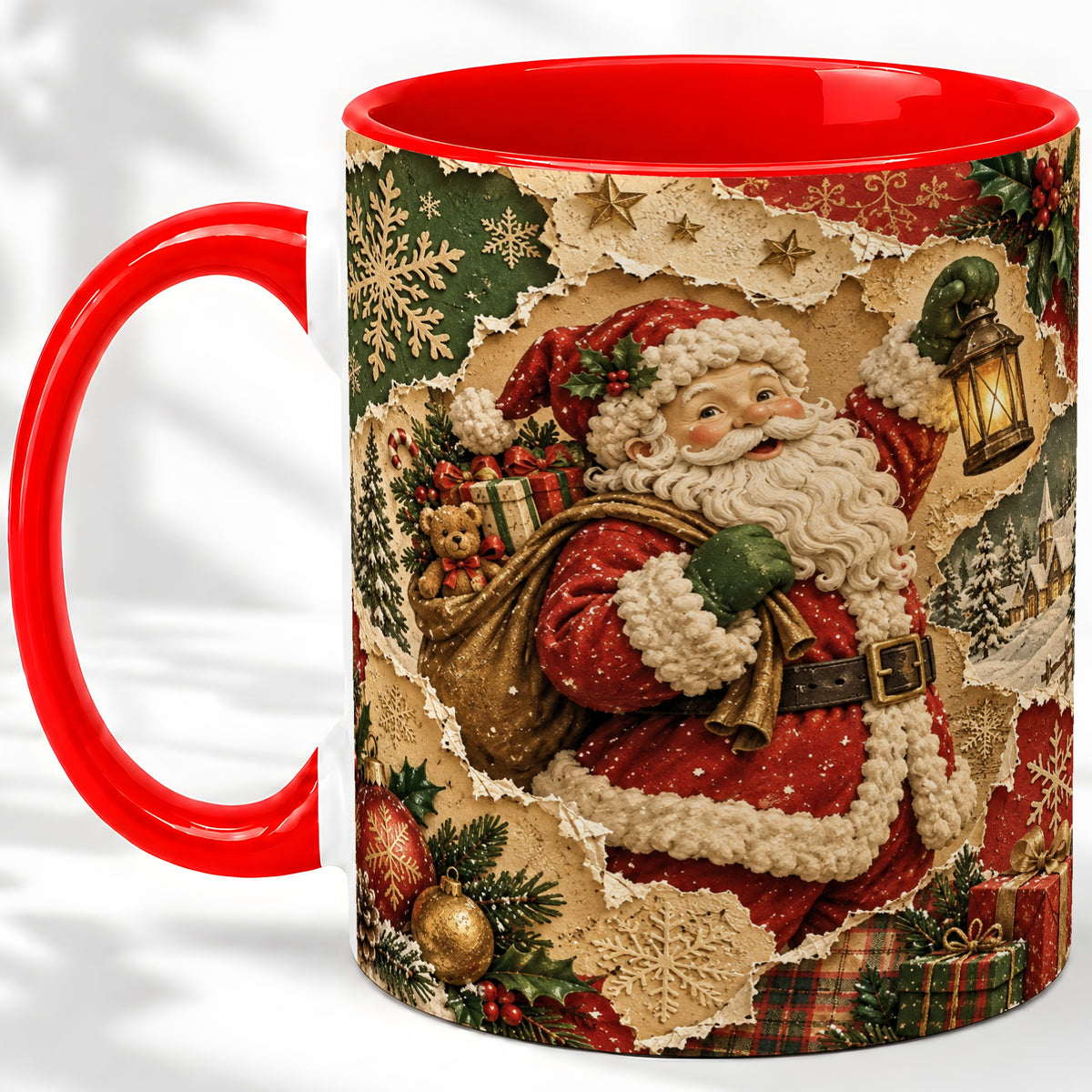 Vintage Christmas Santa Accent Mug, Ceramic Mug with Collage Art