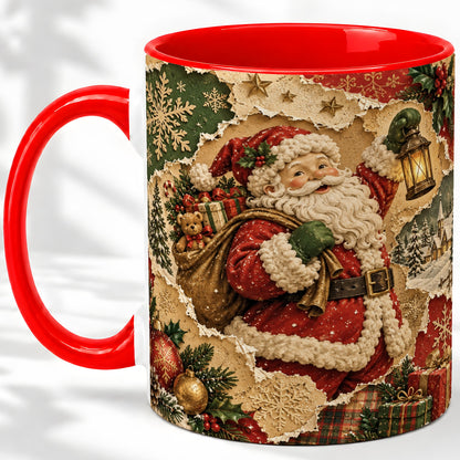 Vintage Christmas Santa Accent Mug, Ceramic Mug with Collage Art
