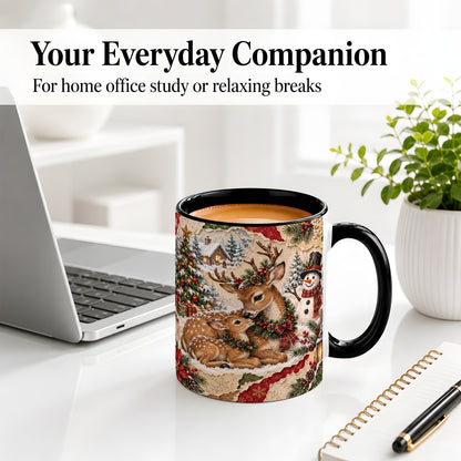 #pl[11oz|Black] Christmas Deer Ceramic Mug, Snowman Winter Woodland Scene Artwork
