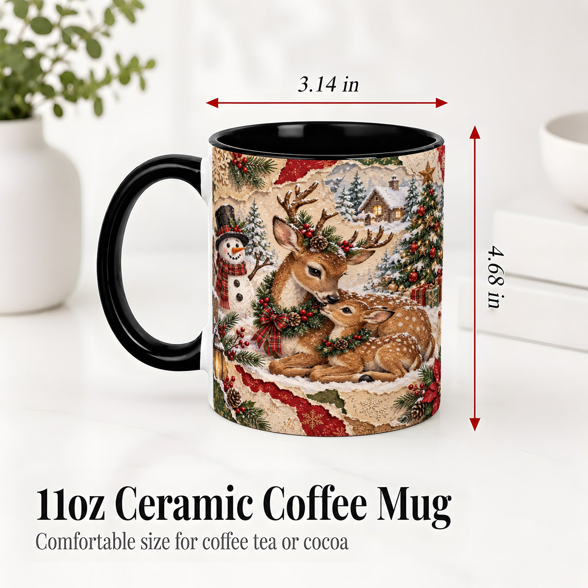 #pl[11oz|Black] Christmas Deer Ceramic Mug, Snowman Winter Woodland Scene Artwork