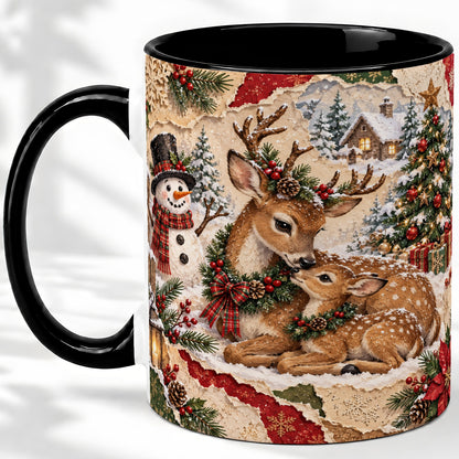 #pl[11oz|Black] Christmas Deer Ceramic Mug, Snowman Winter Woodland Scene Artwork