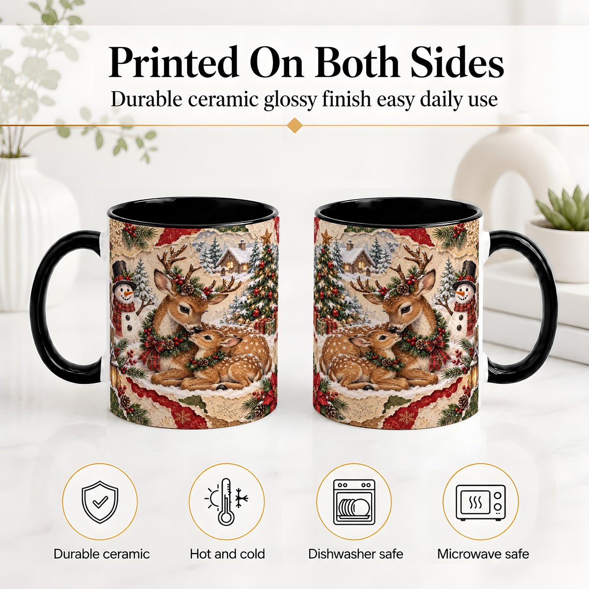 #pl[11oz|Black] Christmas Deer Ceramic Mug, Snowman Winter Woodland Scene Artwork
