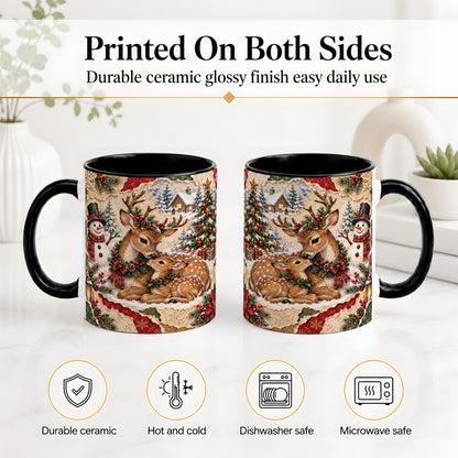 #pl[11oz|Black] Christmas Deer Ceramic Mug, Snowman Winter Woodland Scene Artwork