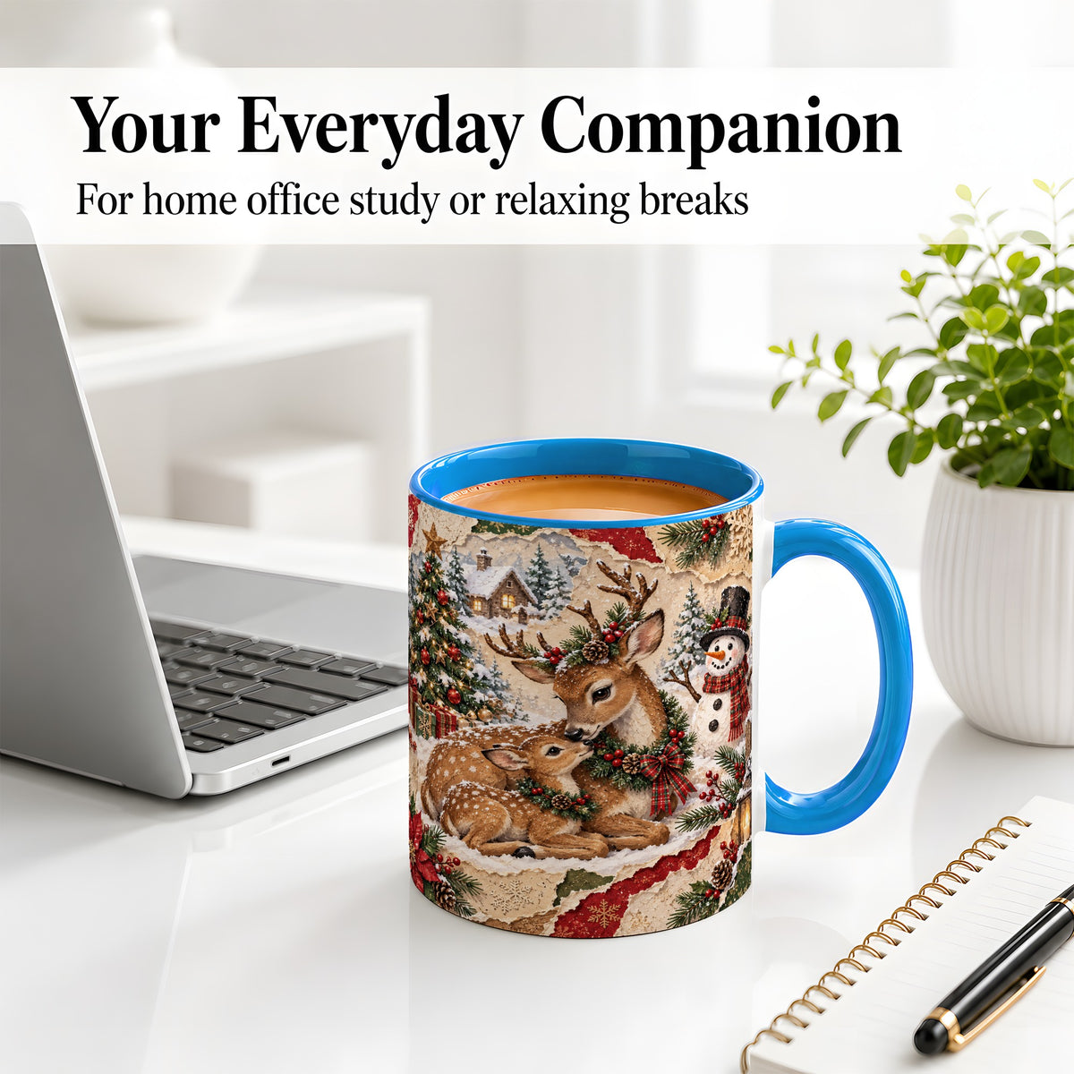 #pl[11oz|Blue] Christmas Deer Ceramic Mug, Snowman Winter Woodland Scene Artwork