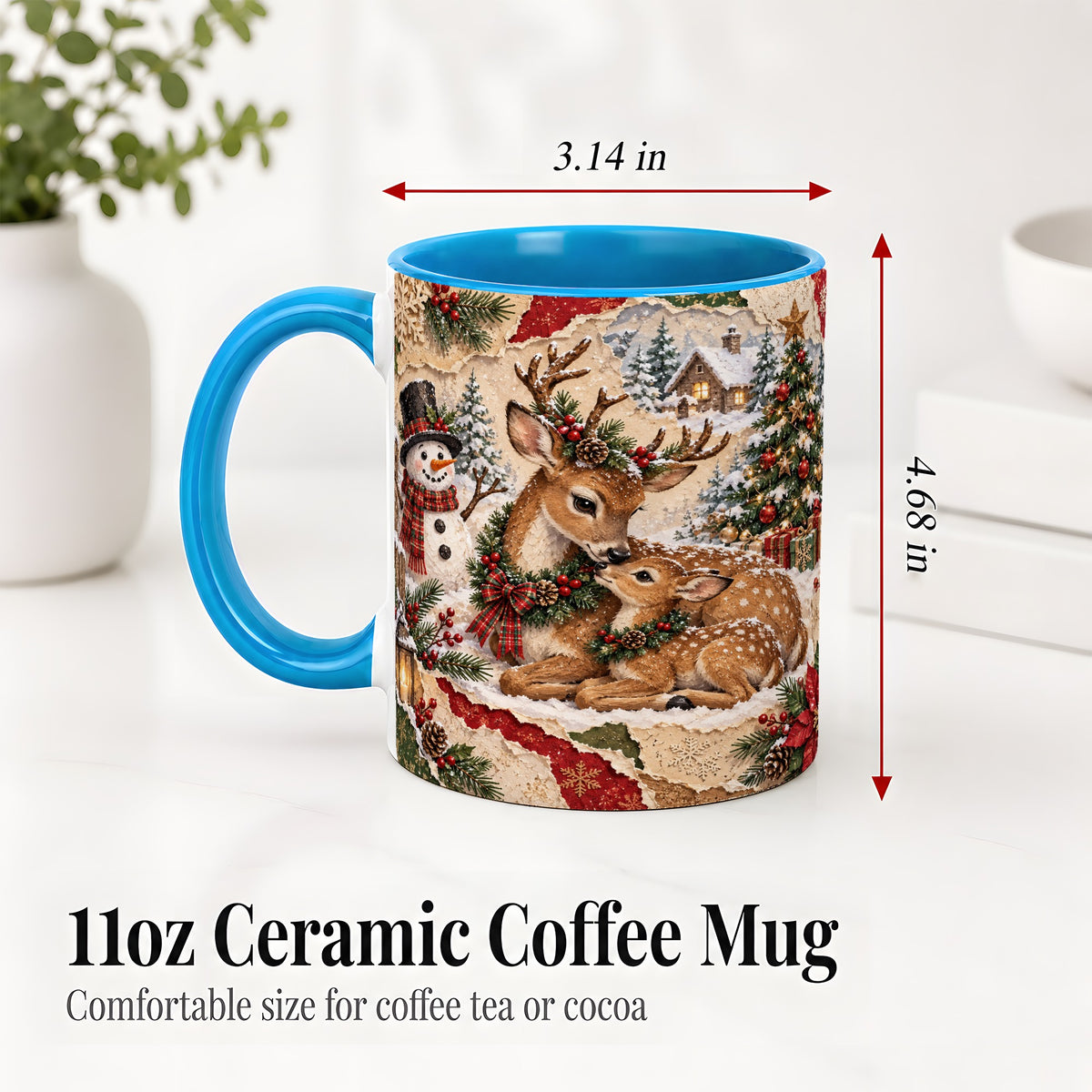 #pl[11oz|Blue] Christmas Deer Ceramic Mug, Snowman Winter Woodland Scene Artwork