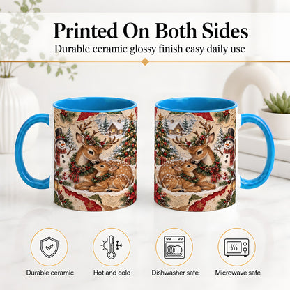 #pl[11oz|Blue] Christmas Deer Ceramic Mug, Snowman Winter Woodland Scene Artwork