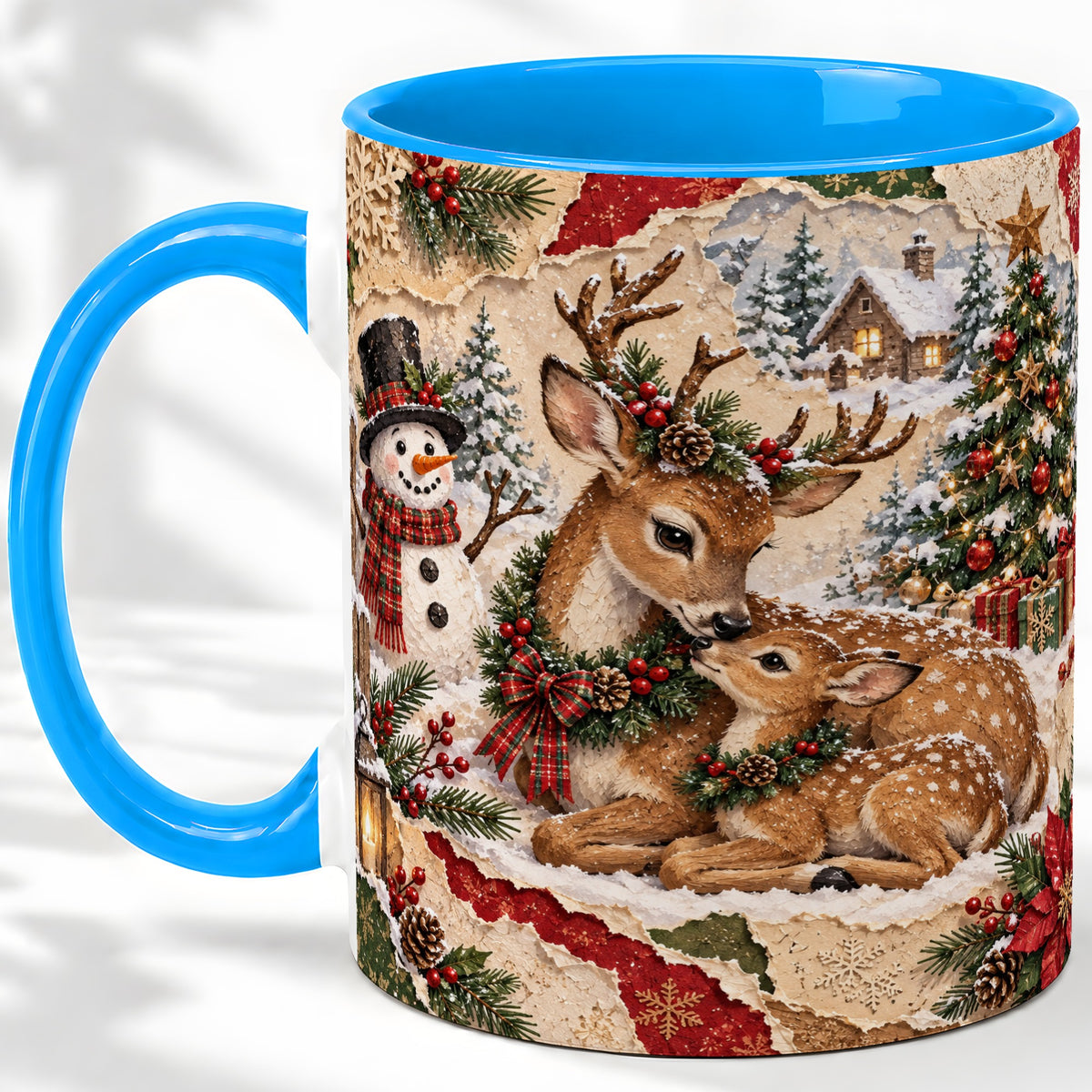 #pl[11oz|Blue] Christmas Deer Ceramic Mug, Snowman Winter Woodland Scene Artwork