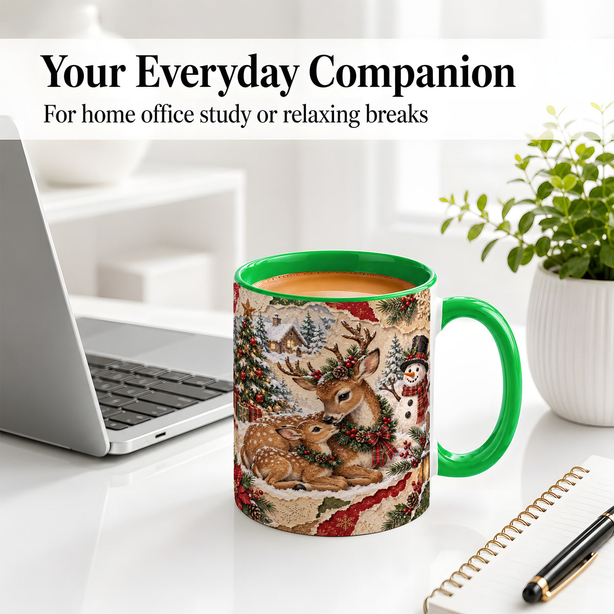 #pl[11oz|Green] Christmas Deer Ceramic Mug, Snowman Winter Woodland Scene Artwork