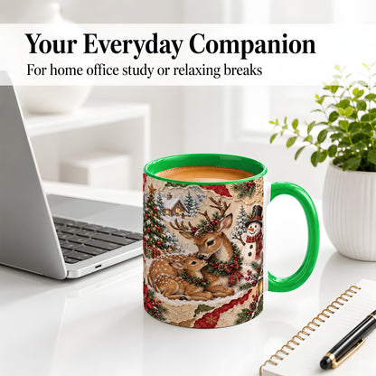 #pl[11oz|Green] Christmas Deer Ceramic Mug, Snowman Winter Woodland Scene Artwork