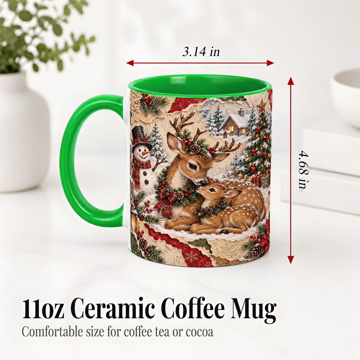 #pl[11oz|Green] Christmas Deer Ceramic Mug, Snowman Winter Woodland Scene Artwork