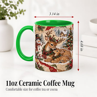 #pl[11oz|Green] Christmas Deer Ceramic Mug, Snowman Winter Woodland Scene Artwork